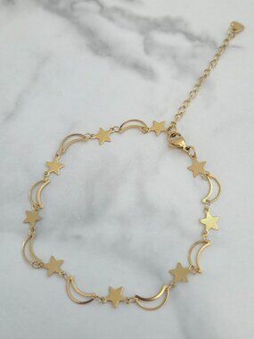 Gold Crescent Moon Star Charm Ankle Bracelet Minimalist Summer Jewelry